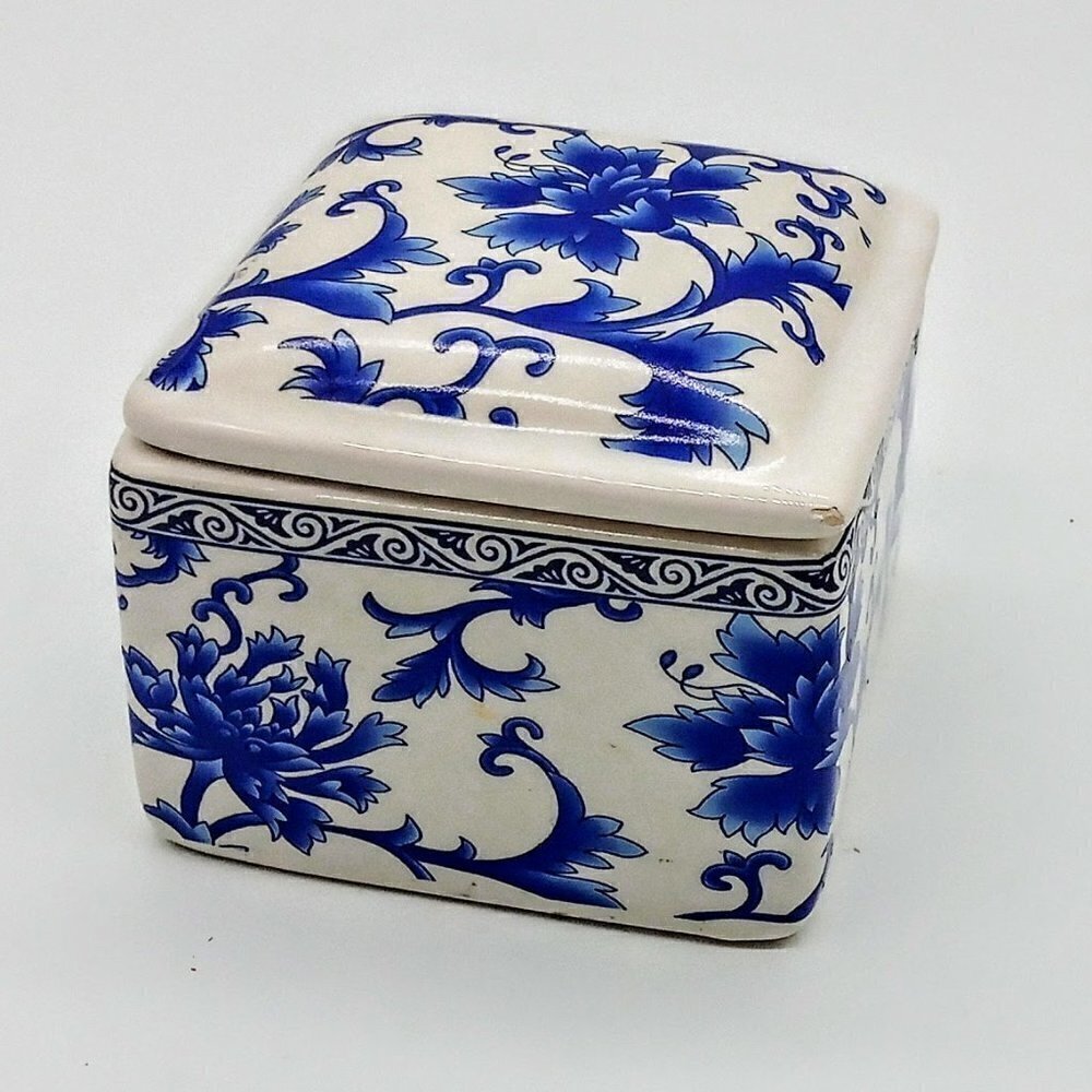 Blue Cream Floral Square Porcelain Trinket Box
